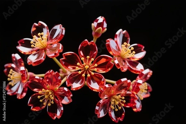 Fototapeta A surreal, simple 3d artwork of Cherry blossom glowing ruby gemstone petals, black background