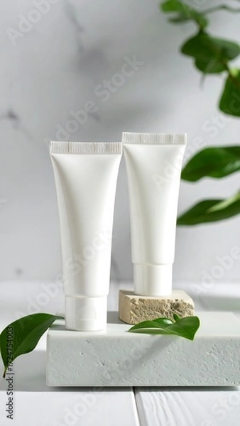 Fototapeta Two white tubes of cosmetic product on a light gray stone surface with greenery