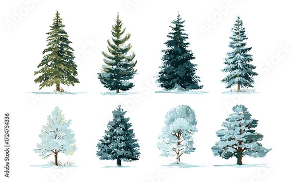 Fototapeta Eight different evergreen trees are illustrated, some covered in snow, set against a white background.