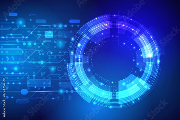 Fototapeta Futuristic blue technology background, abstract circular circuit board design art