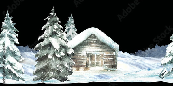 Fototapeta Watercolor Winter landscape cabin with snowy pine tree seamless border. Rustic wooden house, winter chalet a snow covered roof Hand drawn pattern illustration isolated dark background for Xmas design.