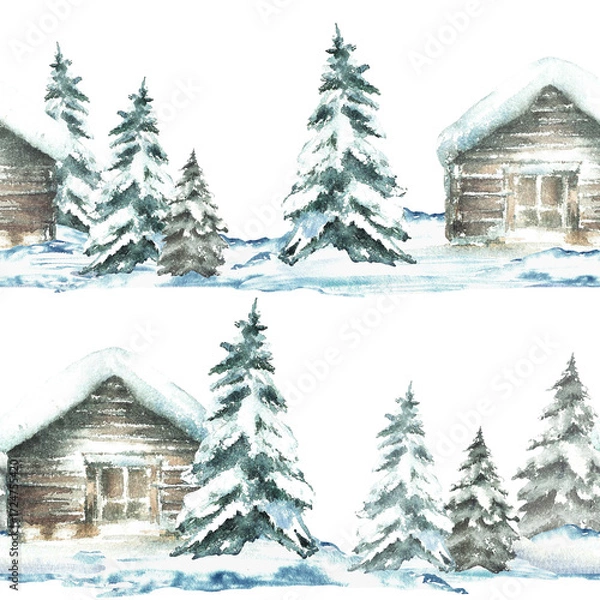 Fototapeta Winter landscape snow covered cabin with snowy spruce tree seamless pattern. Wooden house and Christmas fir Watercolor hand drawn cozy fabric design. illustration isolated from background for holiday