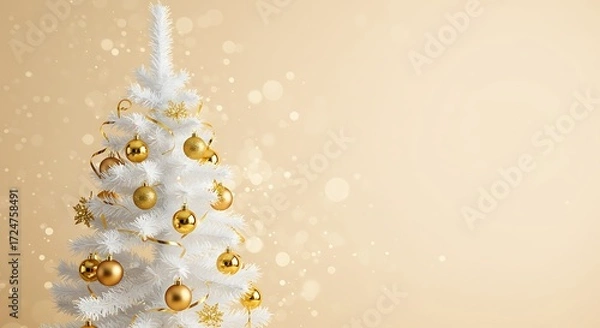 Fototapeta White Christmas Tree with Gold Ornaments and Bokeh