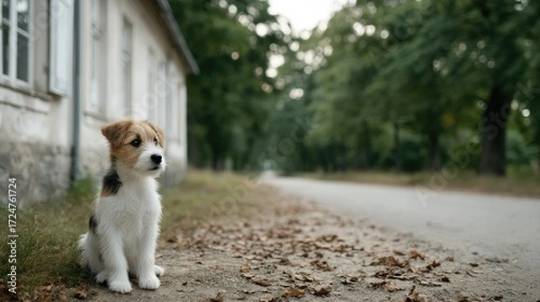 Fototapeta Alert Wire Fox Terrier Puppy Sitting in Outdoor Setting Under Soft Light With Green Trees Beside Paved Road near White Building During Daytime