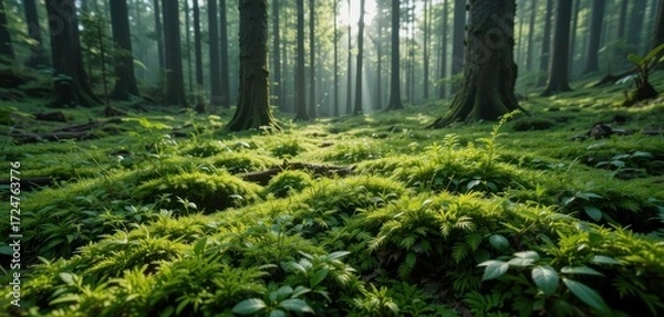 Fototapeta A Serene View of a Lush Forest Floor Dominated by Northern Firmoss and Fir Clubmoss Undergrowth