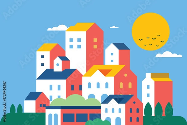 Fototapeta Flat illustration vector in bright colors. Geometric house background design	