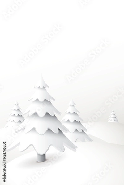 Fototapeta Minimalist cute winter landscape with pine trees covered by snow on white vertical background graphic illustration have blank space.