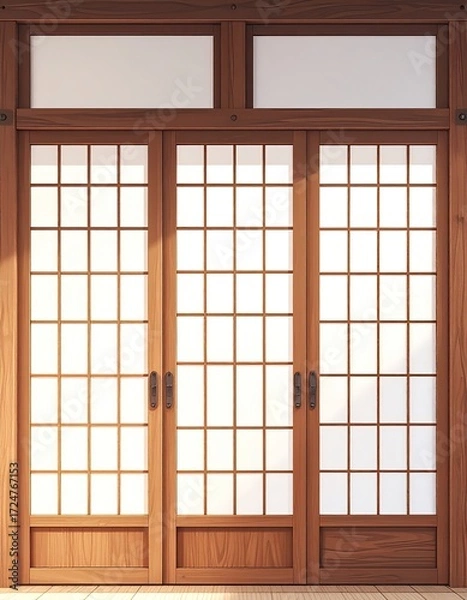 Fototapeta Triple-paneled sliding shoji-style door in rich wood, framed by a matching header and transom, sunlight illuminating the gridded glass panes