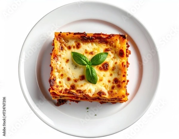 Fototapeta A square portion of cheesy lasagna, garnished with basil, sits on a white plate against a white background