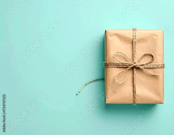 Fototapeta Square gift, simply wrapped in brown kraft paper and tied with twine, sits on a light teal background