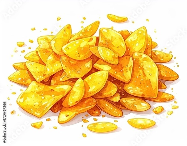 Fototapeta A vibrant pile of golden, irregularly shaped, crispy, translucent snacks scattered on a white background, with small crumbs surrounding the main heap