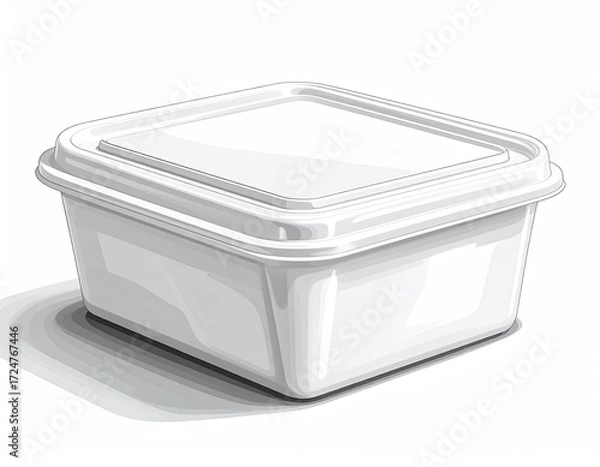 Fototapeta A plain white, square plastic food container with a slightly smaller, similarly shaped lid, sitting on a white background, casting a subtle shadow