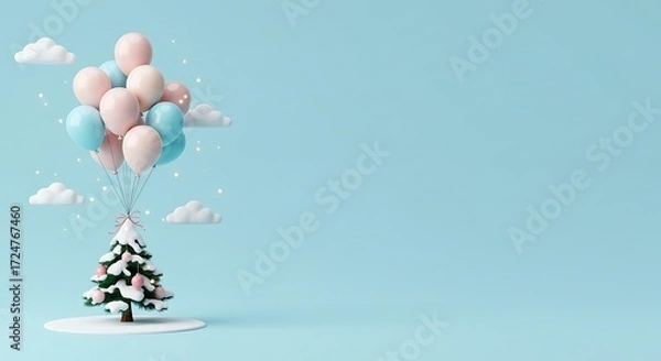 Fototapeta Christmas Tree with Balloons and Clouds