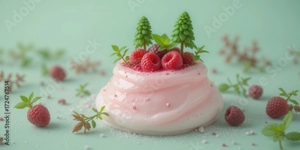 Fototapeta Playful Food Art  Creating a Tiny World from a Delicious Raspberry Dessert