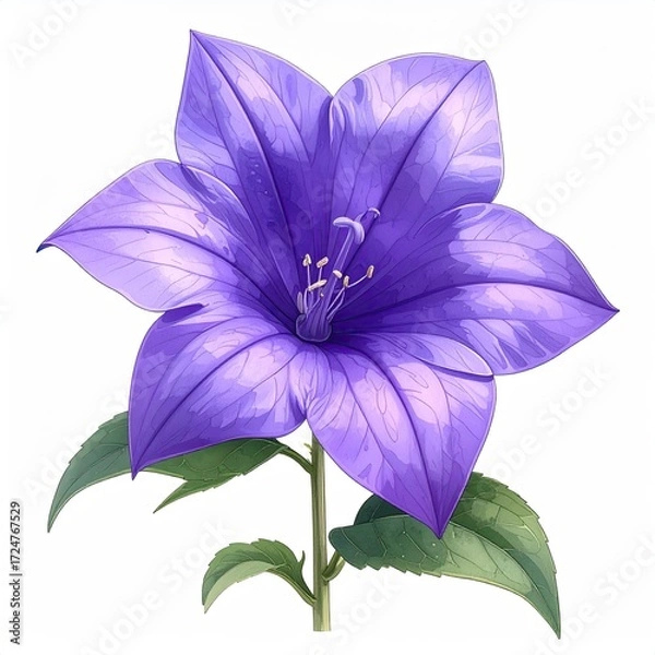 Fototapeta A vibrant purple flower with five petals, a yellow center, and two green leaves, isolated on a white background
