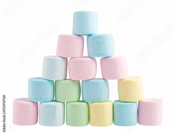 Fototapeta Pastel-colored marshmallows arranged in a triangular pyramid on a white background