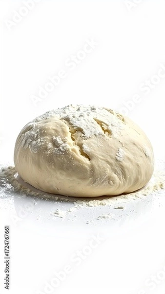 Fototapeta A smooth, pale dough ball, lightly dusted with flour, rests on a white surface; flour spills around its base