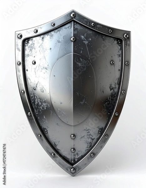 Fototapeta A weathered, metallic shield, teardrop-shaped, with rivets around its edge and a central, smooth, circular boss.  Its surface displays a worn, aged texture