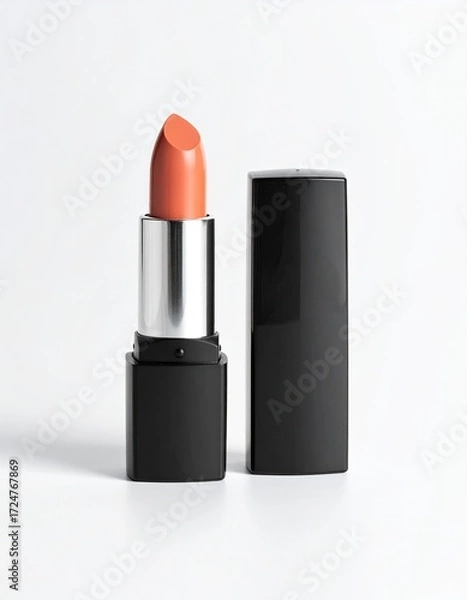 Fototapeta A coral-toned lipstick in a sleek, black square case with a silver band sits next to its closed counterpart against a bright white background