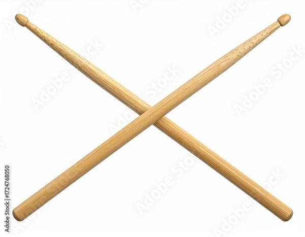 Fototapeta Two light brown wooden drumsticks, crossed, isolated on a white background; simple, clean image