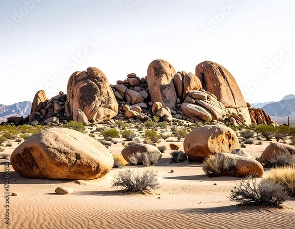 Fototapeta A cluster of large, rounded, light-brown boulders dominates a sandy desert landscape under a pale sky; smaller rocks and sparse desert vegetation are scattered in the foreground