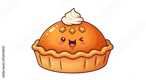 Fototapeta Cute kawaii pumpkin pie with whipped cream topping, winking and smiling, isolated on transparent background