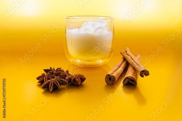 Fototapeta Glass of eggnog with whipped cream on top. There are star anise on one side, cinnamon sticks on the other side.  The background is metallic gold.