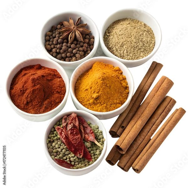 Fototapeta Assortment of Spices Aromatic Blend of Culinary Delights Featuring Cinnamon, Star Anise, and Pepper in Bowls