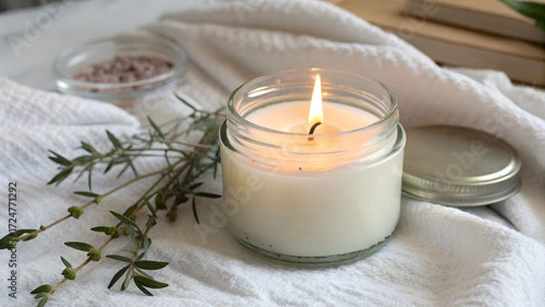 Fototapeta Serene home sanctuary A beautifully lit natural candle, fragrant herbal sprig, and mineral salt evoke peace and relaxation, perfect for a cozy and inviting atmosphere