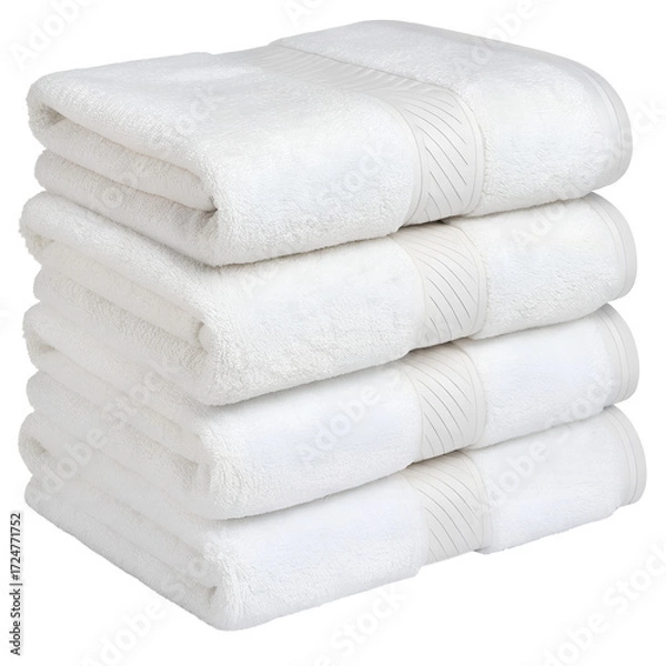 Fototapeta Neatly folded stack of plush white bath towels with textured details, perfect for a spa or hotel setting