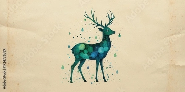 Fototapeta Abstract Deer in Watercolor with Green and Blue Droplet Effect against Parchment Texture. Nature Inspired Art.