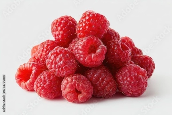 Fototapeta A small pile of fresh, ripe raspberries sits on a plain white background; their vibrant red color and slightly uneven surfaces are clearly visible