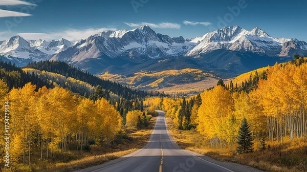 Obraz Golden Woods Road with Snow-Capped Mountains Majestic Autumn Scenery: For Landscape Decoration, Travel Promotion and Nature-Themed Design Backgrounds