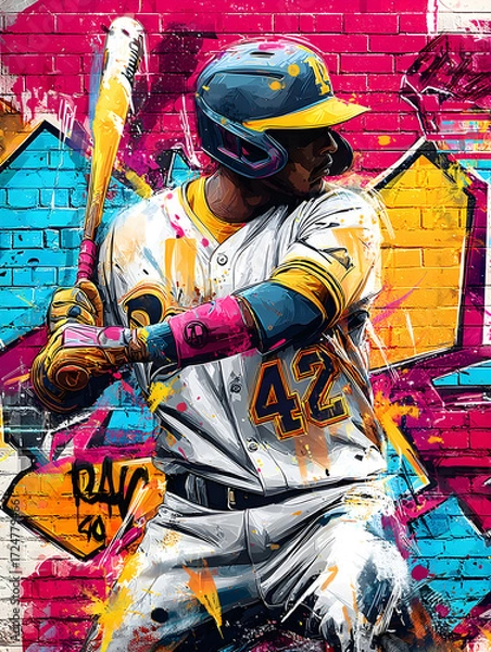 Fototapeta Focused Baseball Player Preparing to Swing in Vibrant Graffiti Urban Style Mural Illustration