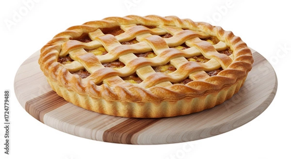 Fototapeta Golden brown latticetop apple pie on a wooden board, isolated on transparent background