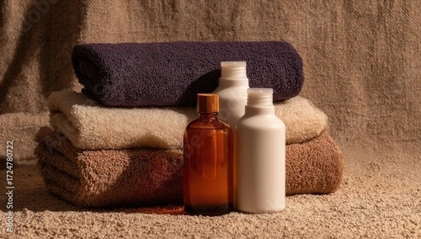 Fototapeta Stacked bath towels with amber and white bottles of toiletries in soft light against a neutral backdrop