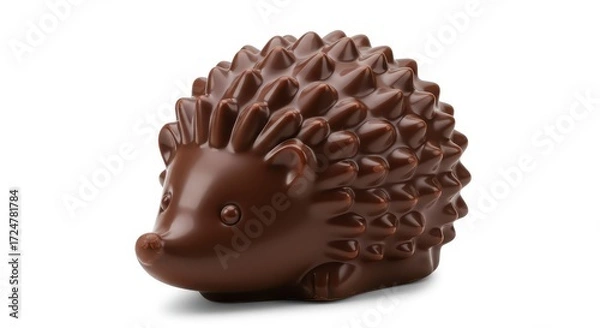 Fototapeta A delightful chocolate hedgehog figurine, meticulously crafted, sits in profile against a pure white background.