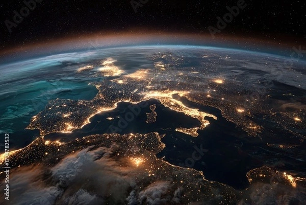 Fototapeta A nighttime satellite view of the Mediterranean region, showcasing the illuminated coastlines of Italy, France, and surrounding countries against a backdrop of dark space and swirling clouds
