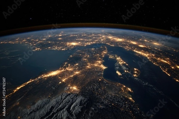 Fototapeta Night view of Earth from space, showing a vast, illuminated landmass with coastal features and a dark, starlit background
