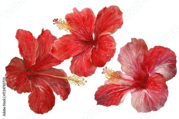Fototapeta Three vibrant red hibiscus flowers, richly detailed, depicted against a stark white background, showcasing their intricate textures and subtle color variations