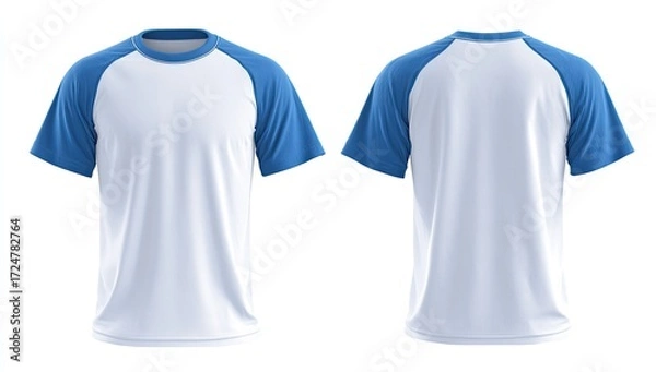 Fototapeta White short-sleeve raglan t-shirt with light blue sleeves, shown in front and back views on a white background