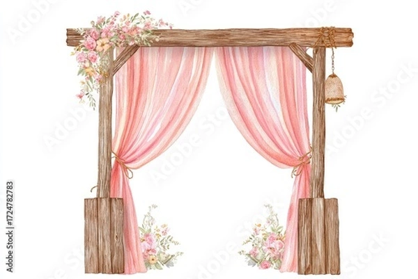 Fototapeta Rustic wooden archway adorned with peach drapes, tied with twine, and delicate floral arrangements.  A small bell hangs from one side