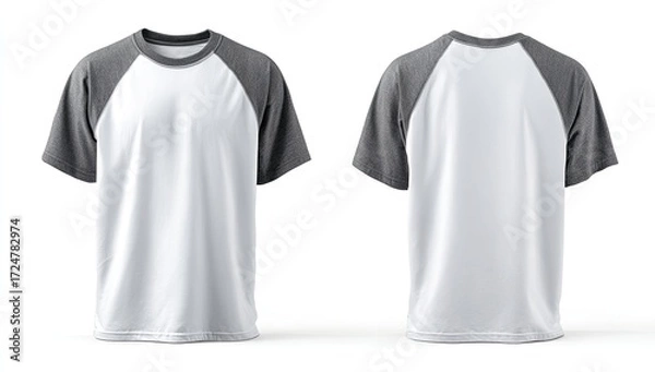 Fototapeta Two-toned raglan short-sleeve t-shirt, white body with grey sleeves, shown front and back on white background