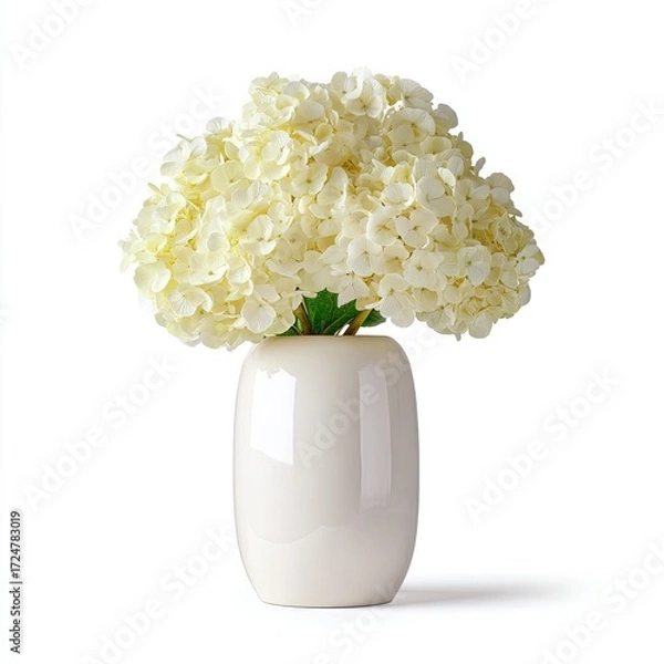 Fototapeta Creamy white hydrangeas in a simple, off-white, cylindrical vase against a pure white background, casting a subtle shadow