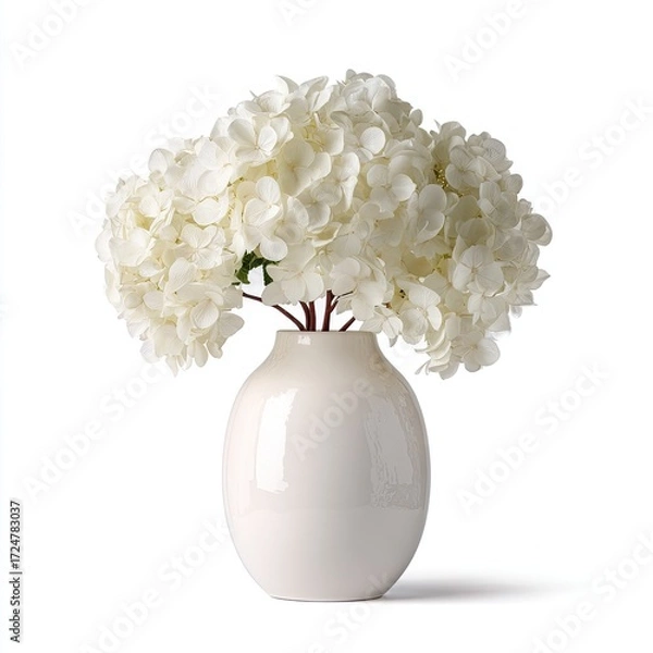 Fototapeta Creamy white ceramic vase holding a bouquet of pristine white hydrangeas against a stark white background