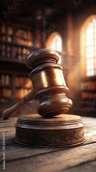 Obraz Wooden gavel on stand in courtroom setting