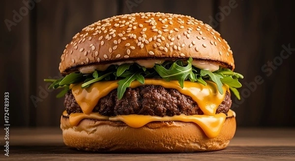 Fototapeta Juicy Beef Burger with Melted Cheese and Fresh Greens on a Toasted Sesame Seed Bun