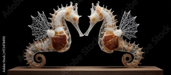 Fototapeta Two intricately detailed seahorse sculptures, facing each other, displayed on a dark wood base against a black background