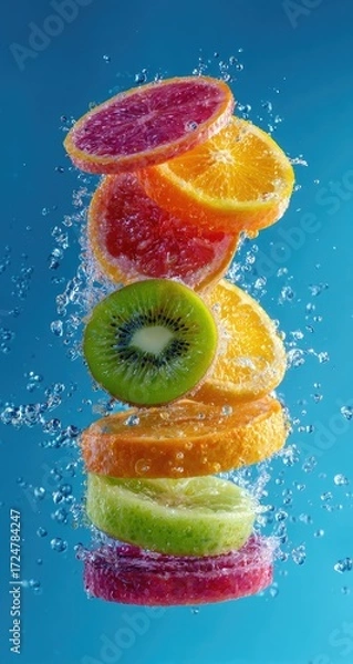 Fototapeta Colorful fruit slices in water splashes