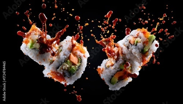 Fototapeta Sushi rolls, flying, splashed with sauce